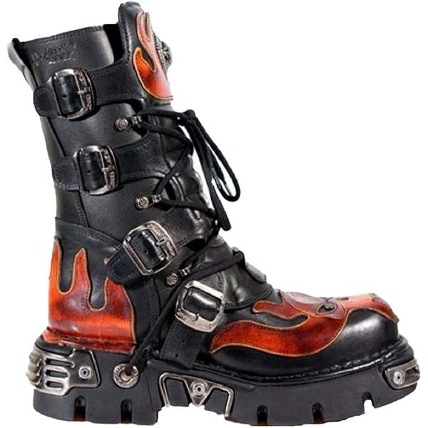 Amazon.com | New Rock 591-S1 Red Flame Boots Metal Black Leather